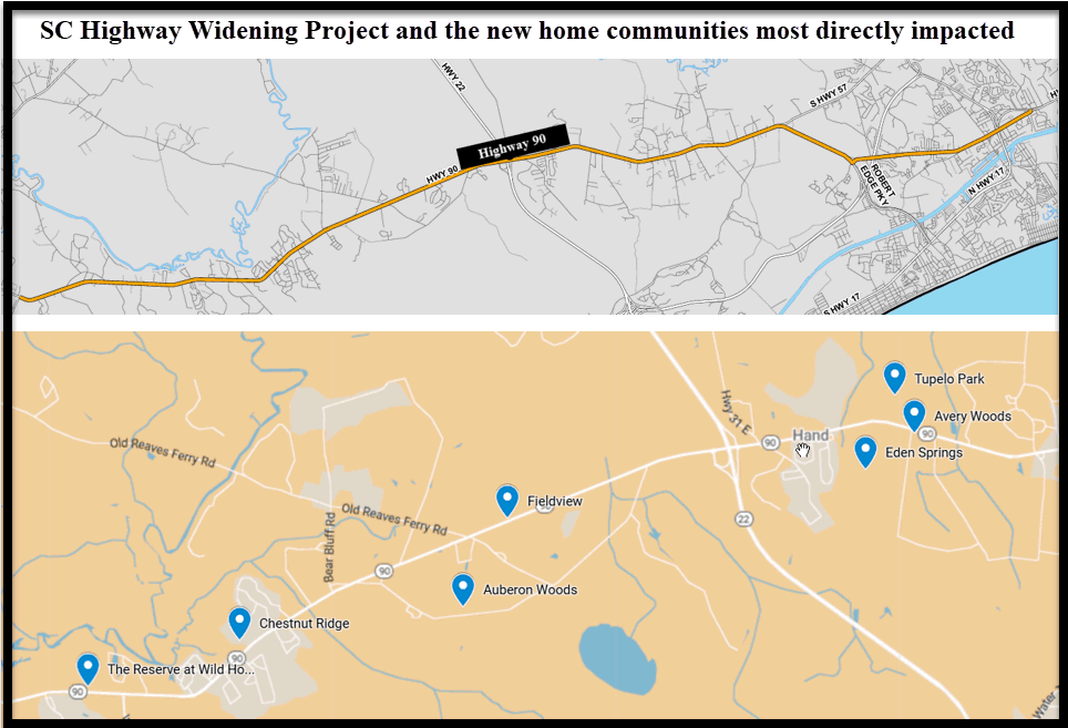 SC Highway 90 Widening project and the new home communities most impacted